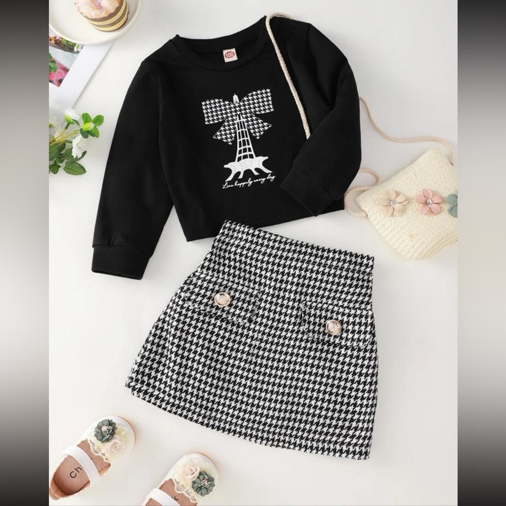 Toddler girls houndstooth and slogan graphic tee & skirt